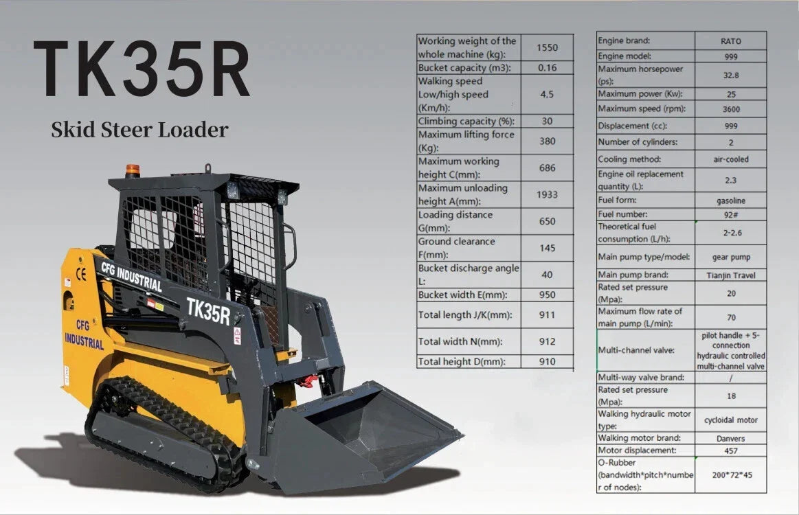 Cfgindustrial 1.5 Ton Mini Skid Steer Track Loader with 32.8 HP RATO 999D Engine | TK35R